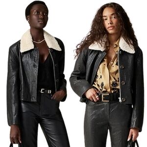 New! J. Crew Collection Cropped Leather Car Coat with Sherpa Collar Jacket